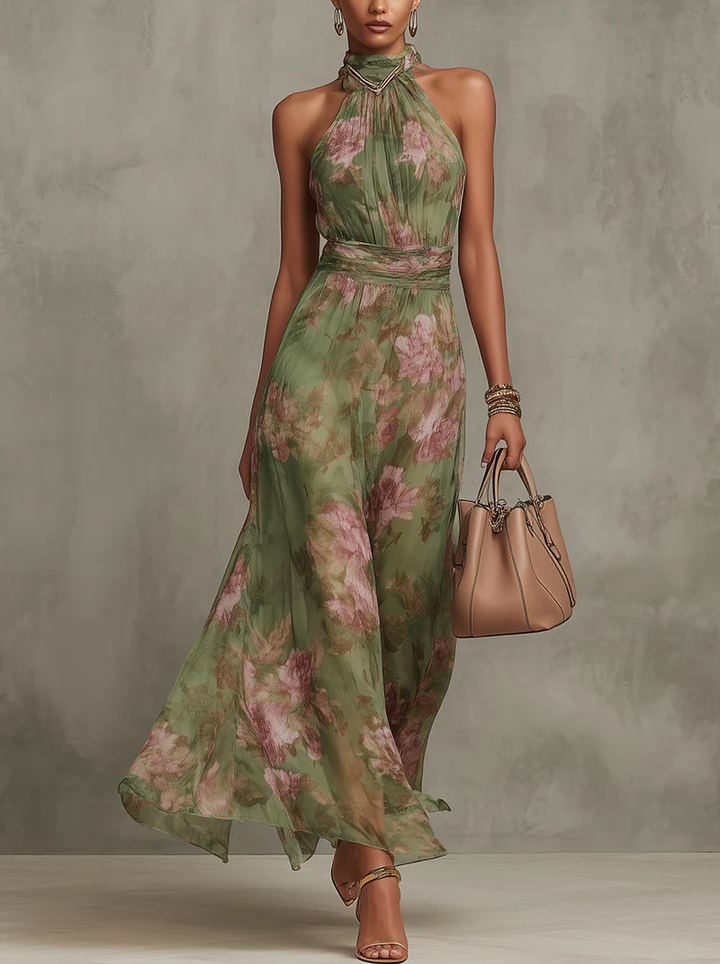 Florence | Green Floral Chiffon Halter Maxi Dress