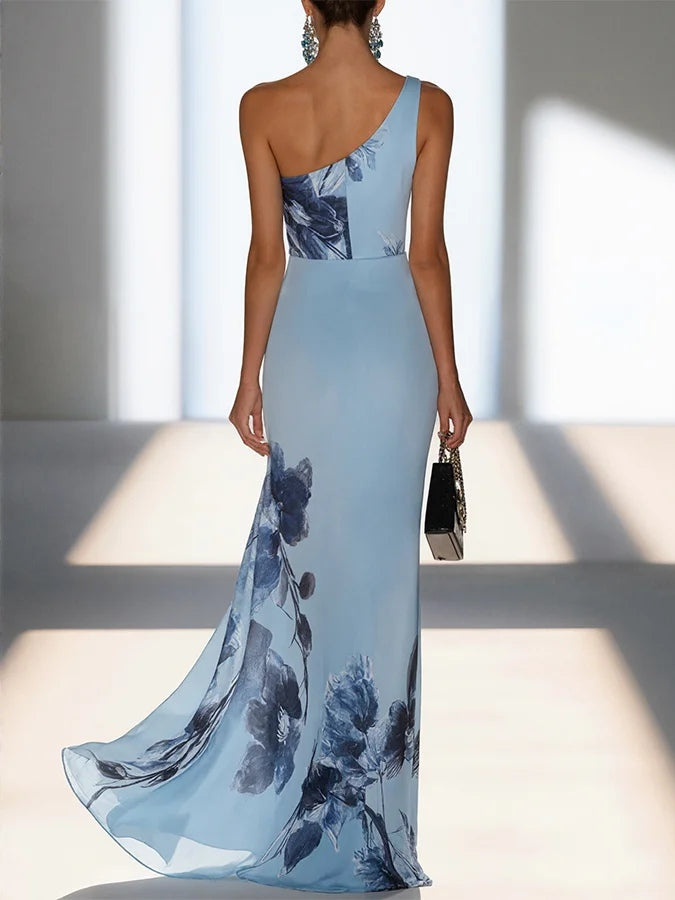 Victoria | Satin Ink Print Off-Shoulder Maxi Dress