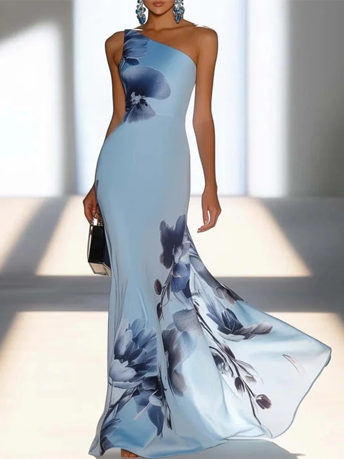 Victoria | Satin Ink Print Off-Shoulder Maxi Dress