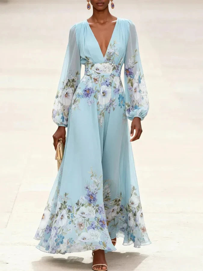 Mia | Light Blue Floral Chiffon V-Neck Maxi Dress