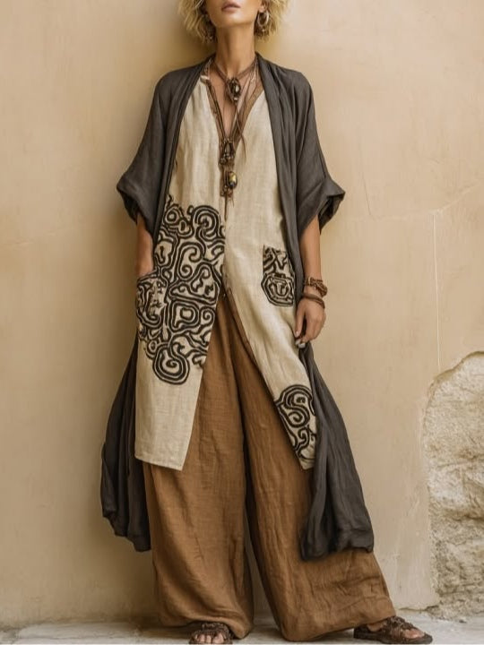 Sophie | Dark Gray & Brown Tribal Print Three-Piece Set