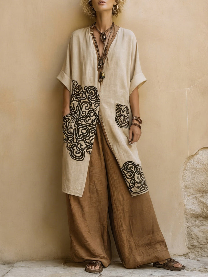Sophie | Dark Gray & Brown Tribal Print Three-Piece Set