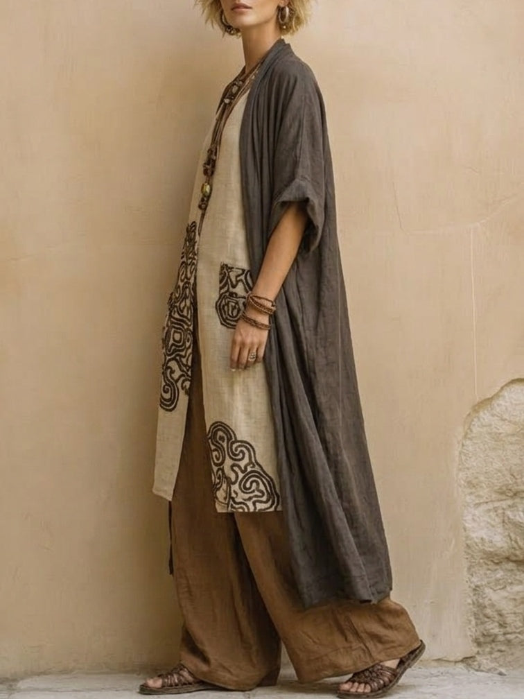 Sophie | Dark Gray & Brown Tribal Print Three-Piece Set