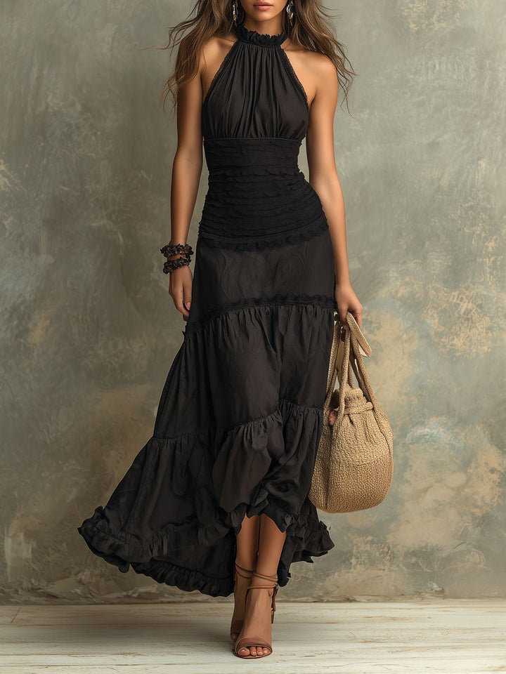 Susie | Bohemian High-necked Ruffled Lace Maxi Dress