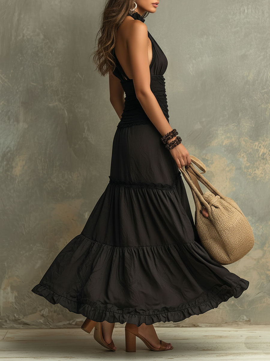 Susie | Bohemian High-necked Ruffled Lace Maxi Dress