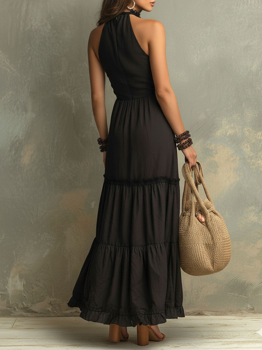 Susie | Bohemian High-necked Ruffled Lace Maxi Dress