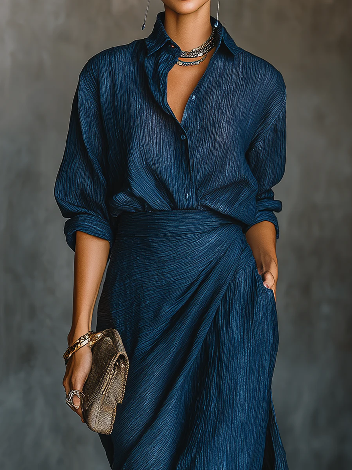 Jenny | Elegant Blue Blend Shirt Long Skirt Set
