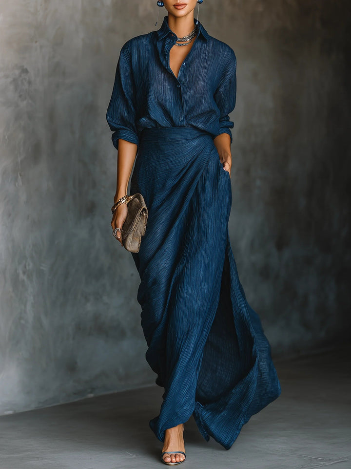 Jenny | Elegant Blue Blend Shirt Long Skirt Set