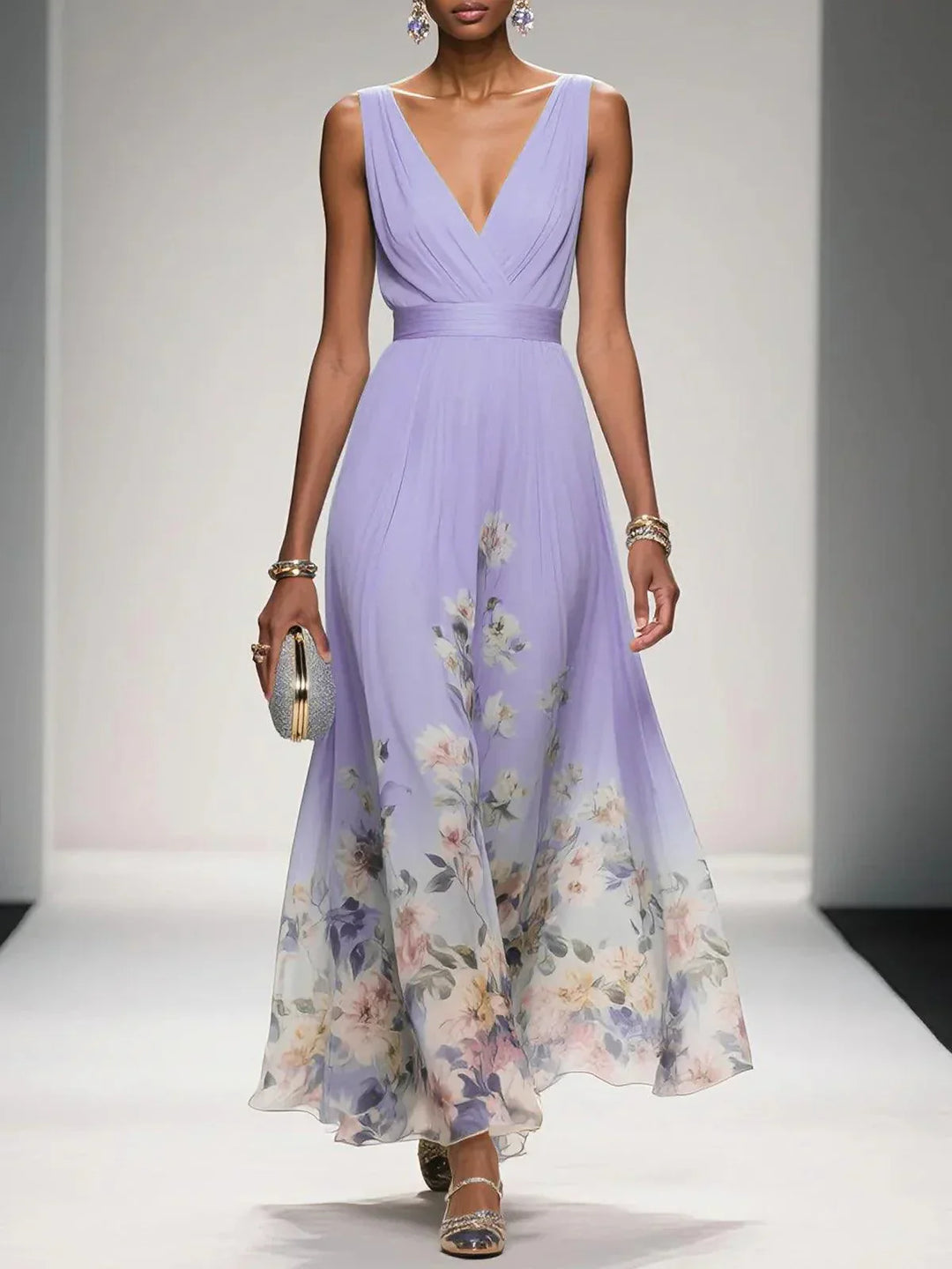 Rose | Light Blue Floral Chiffon V-Neck Maxi Dress