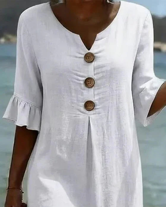 Vanesa™ | Linen Textured Dress with Puff Sleeves and Buttons