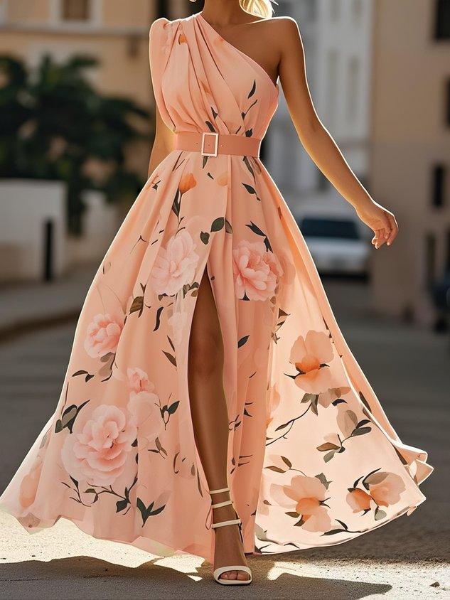 Julie | Light Green Floral Chiffon One-Shoulder Maxi Dress
