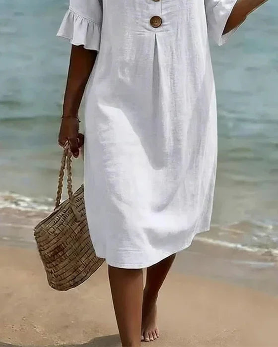 Vanesa™ | Linen Textured Dress with Puff Sleeves and Buttons