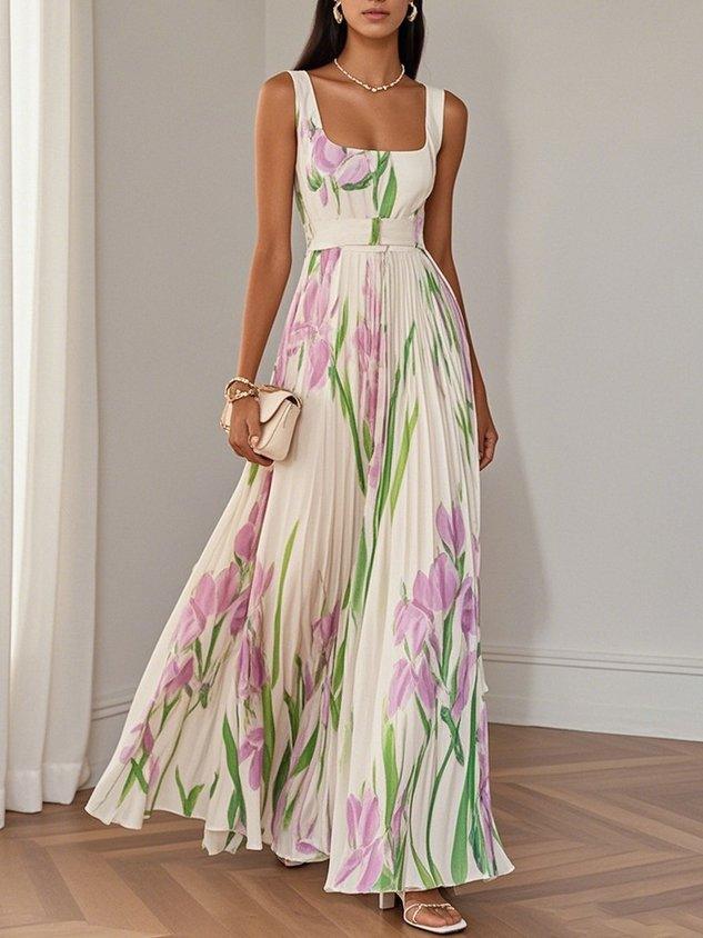 Marie | White Pleated Floral Chiffon Maxi Dress