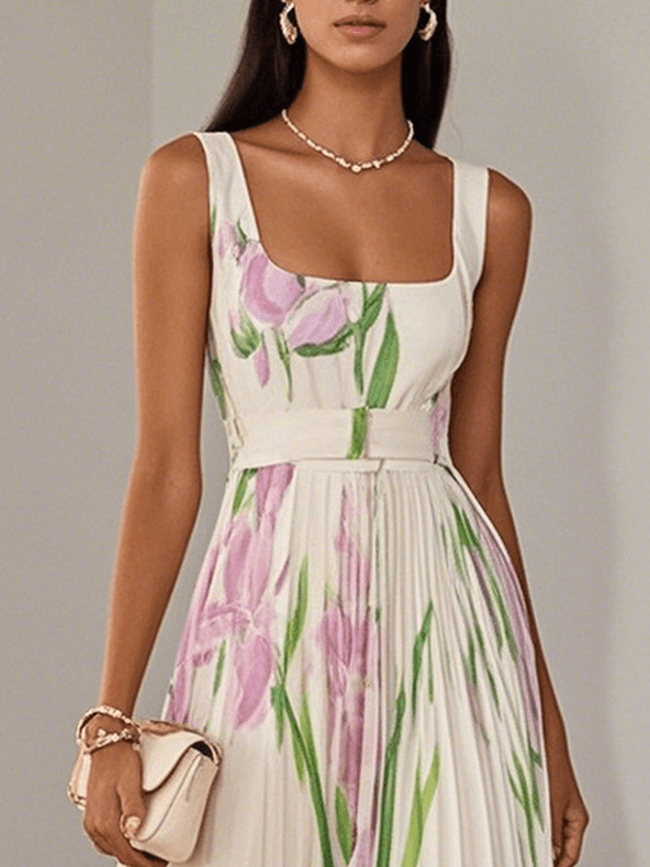 Marie | White Pleated Floral Chiffon Maxi Dress