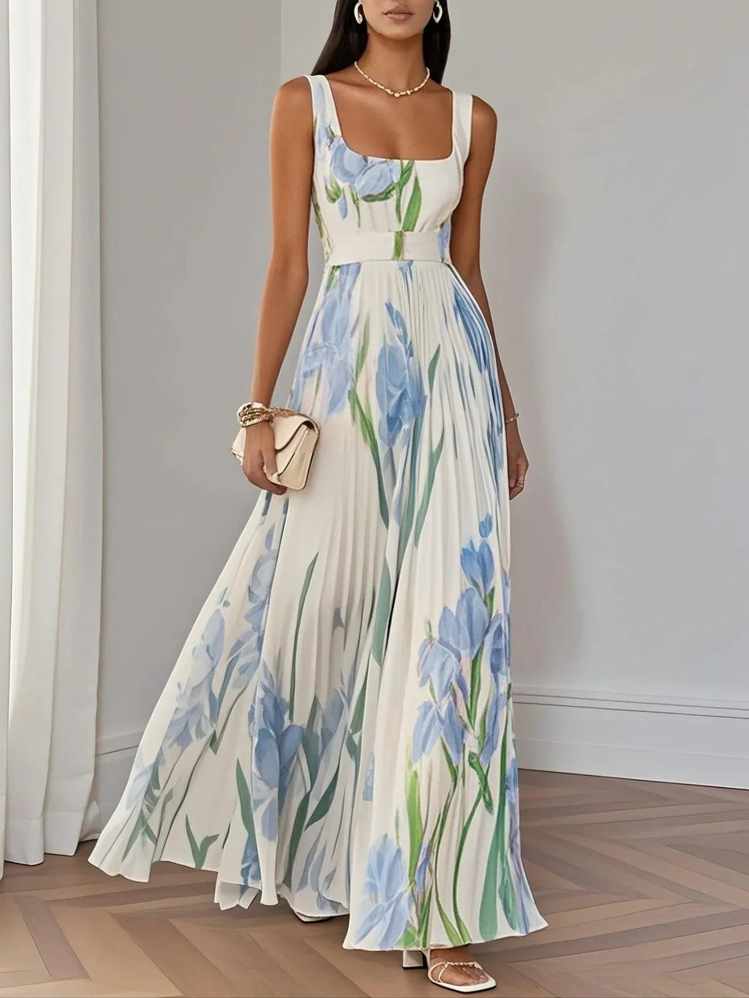 Marie | White Pleated Floral Chiffon Maxi Dress