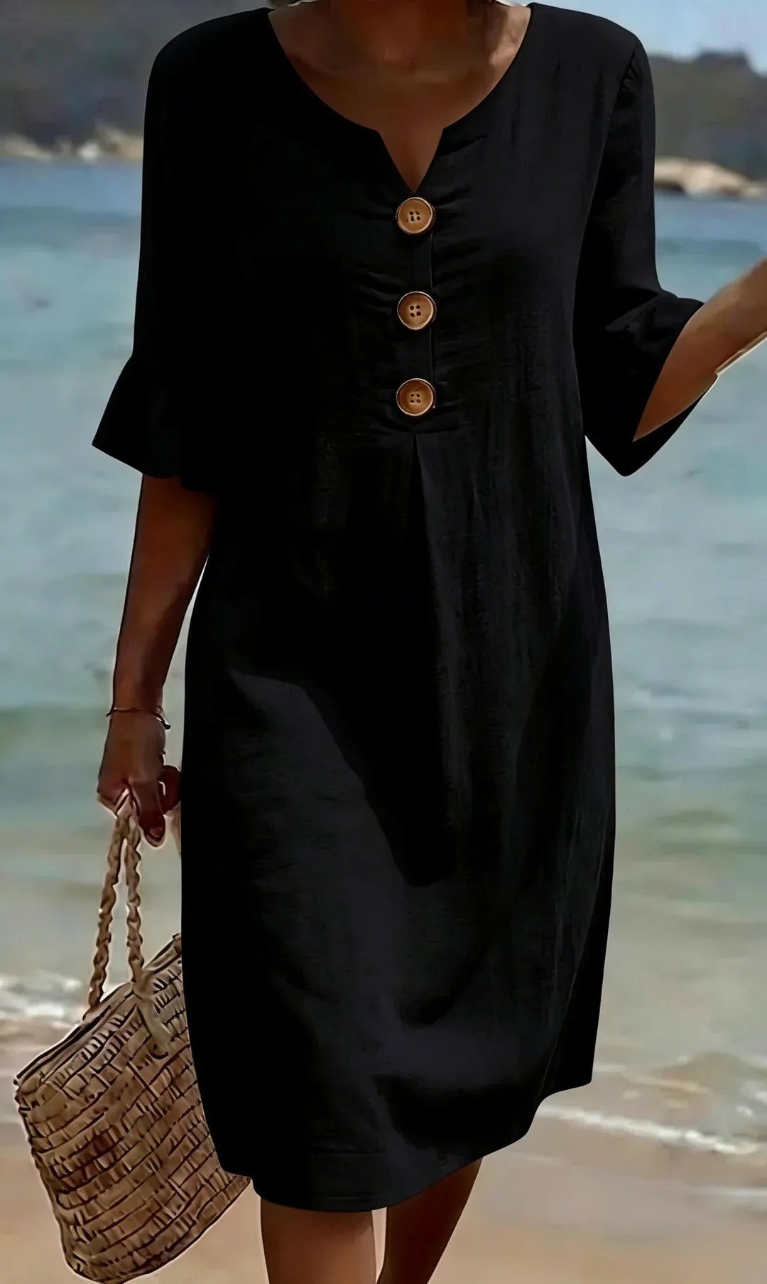 Vanesa™ | Linen Textured Dress with Puff Sleeves and Buttons