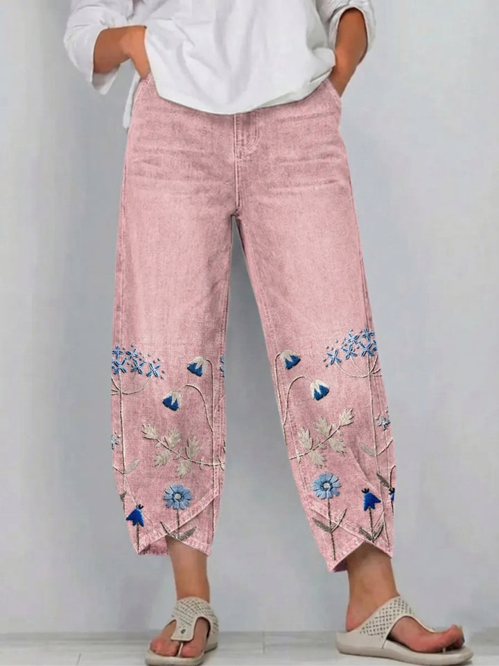 Floral Embroidered Relaxed Denim Pants