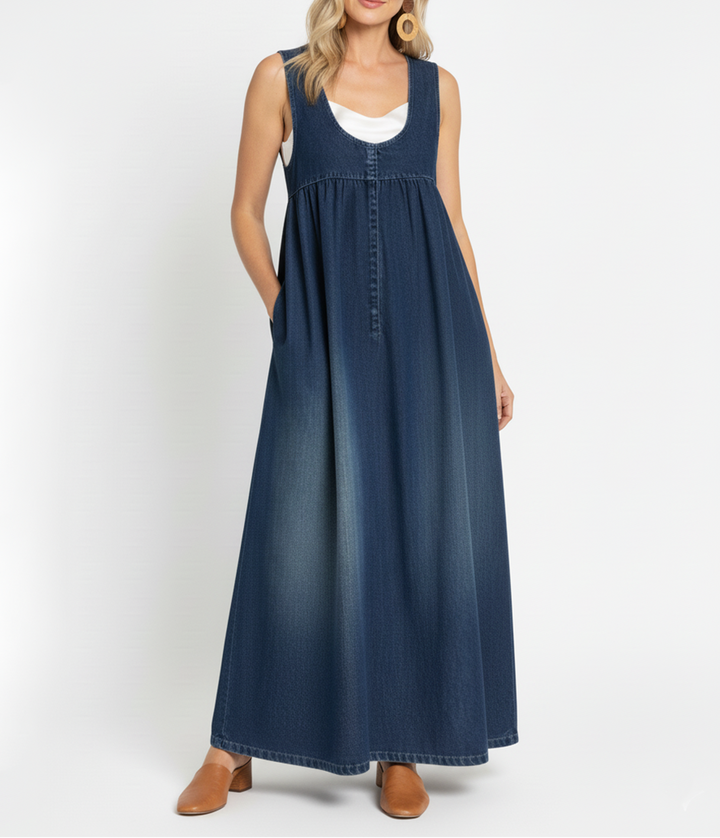 Ivy | Vintage Washed Soft Cotton Feel Denim Maxi Dress