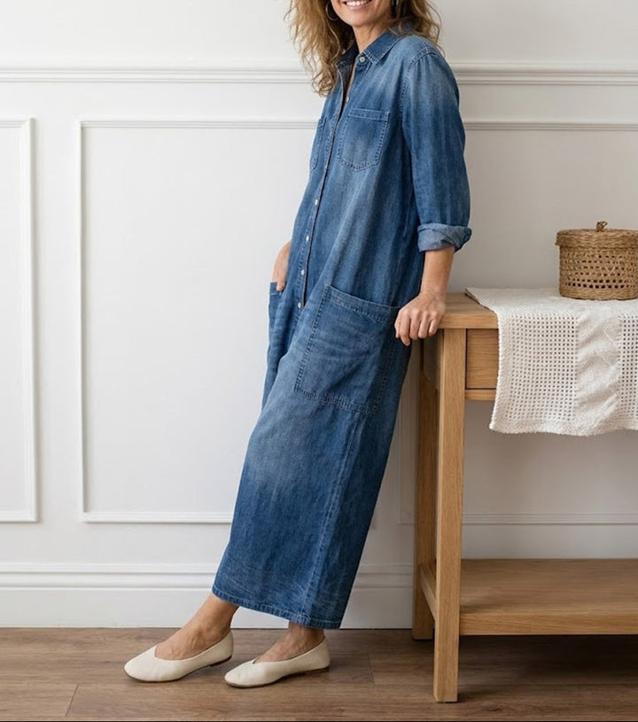 Mae | Vintage Washed Soft Cotton Denim Jumpsuit with Button Closure