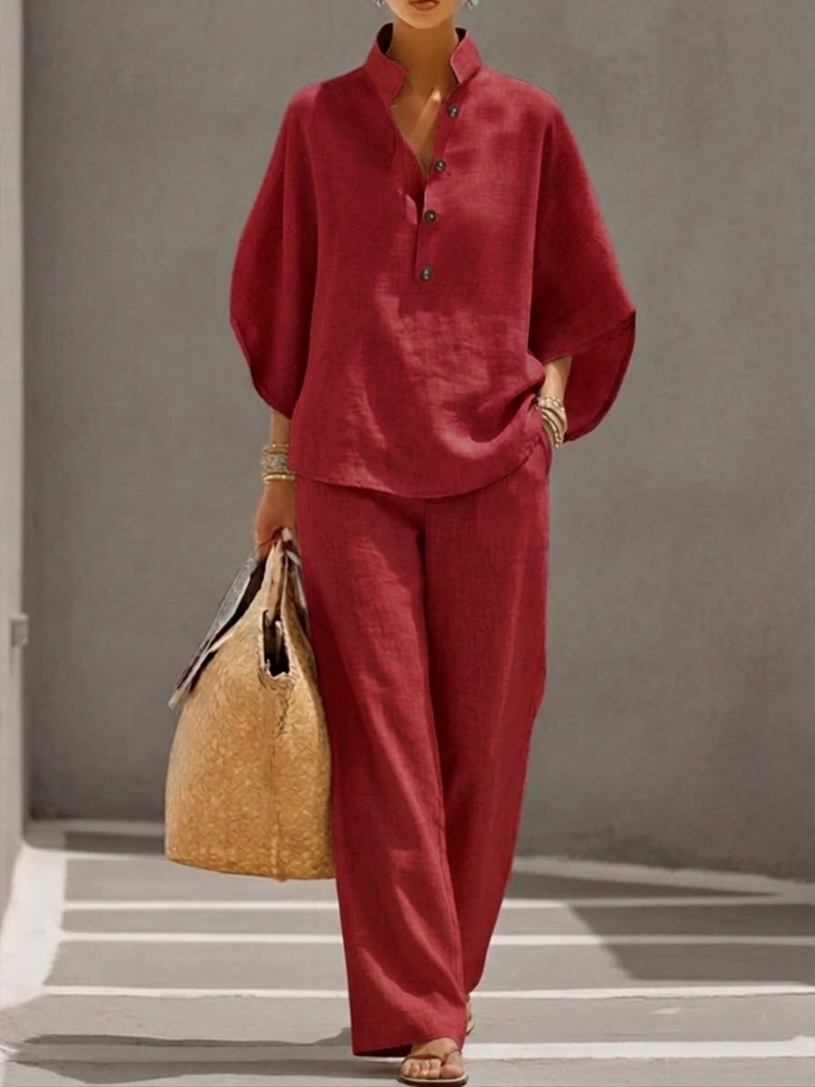 Mariel | Complete linen set with batwing sleeves and wide pants
