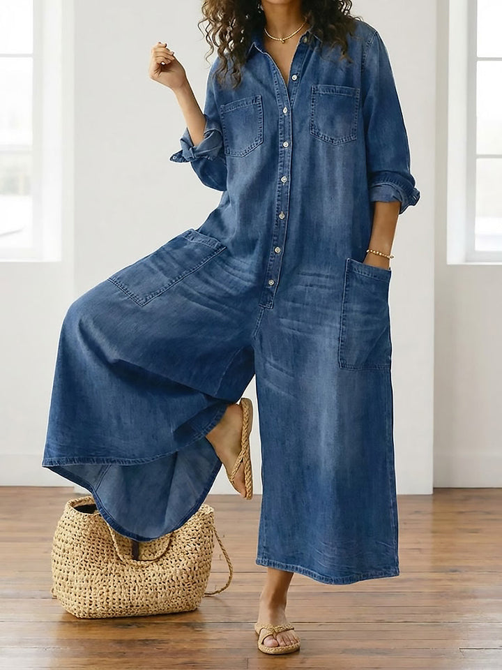 Mae | Vintage Washed Soft Cotton Denim Jumpsuit with Button Closure
