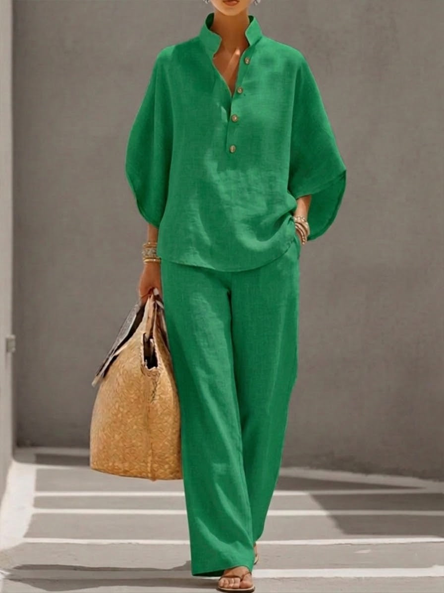 Mariel | Complete linen set with batwing sleeves and wide pants