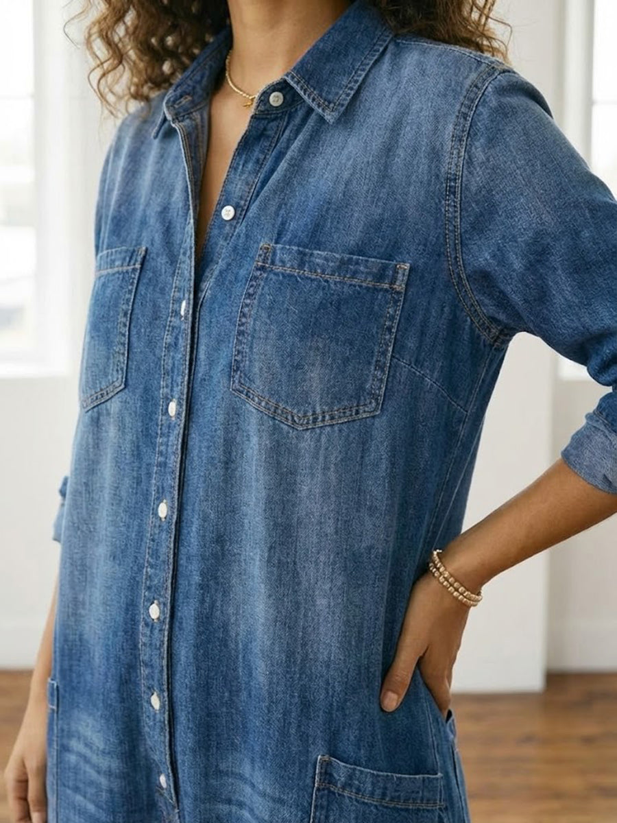 Mae | Vintage Washed Soft Cotton Denim Jumpsuit with Button Closure