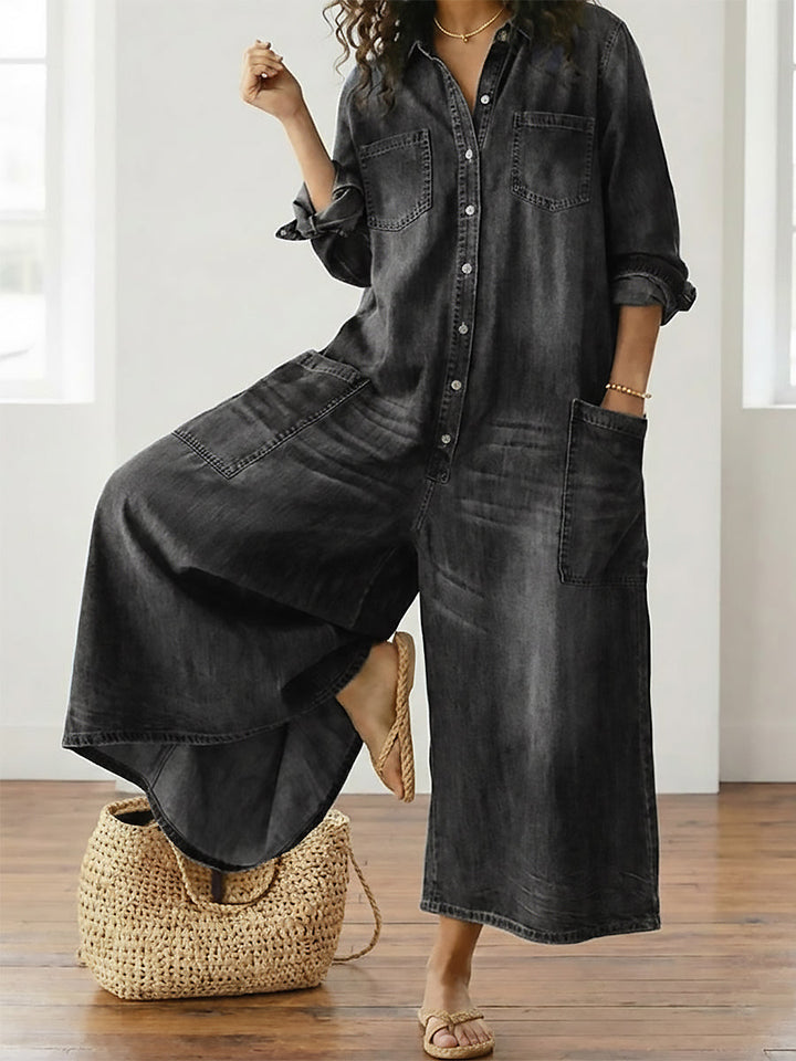 Mae | Vintage Washed Soft Cotton Denim Jumpsuit with Button Closure