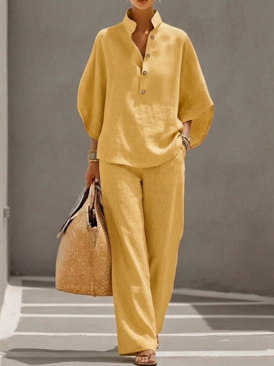 Mariel | Complete linen set with batwing sleeves and wide pants
