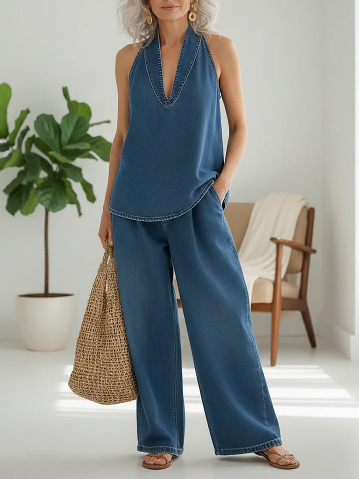 Rita | Vintage Washed Soft Denim-Look Two-Piece Set