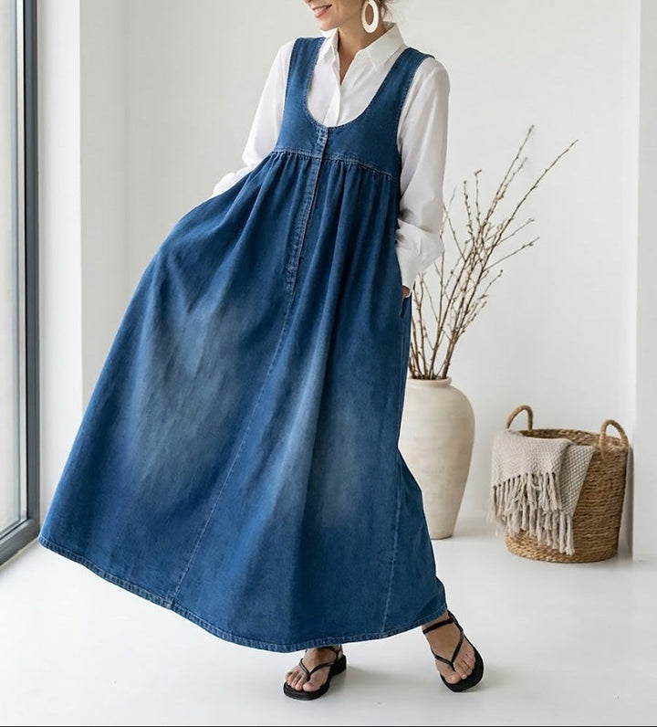 Ivy | Vintage Washed Soft Cotton Feel Denim Maxi Dress