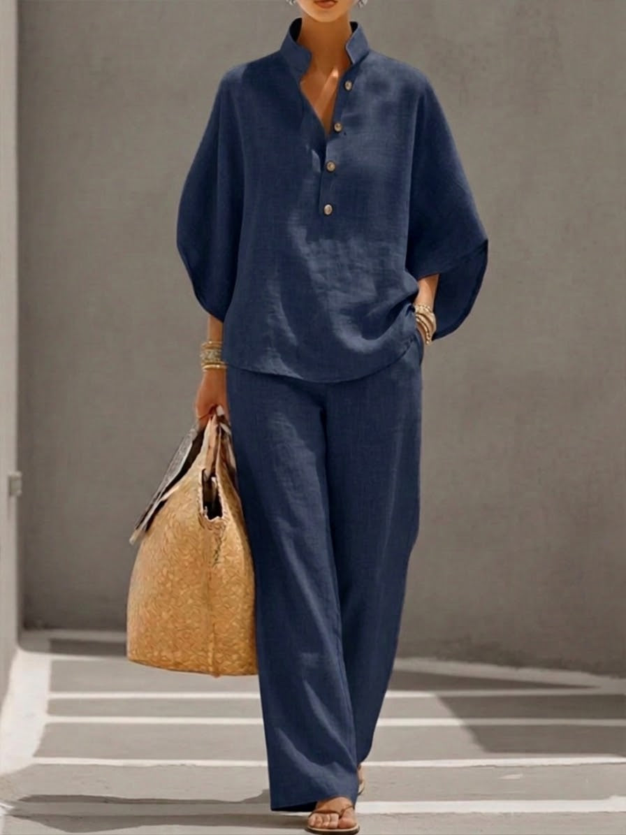 Mariel | Complete linen set with batwing sleeves and wide pants