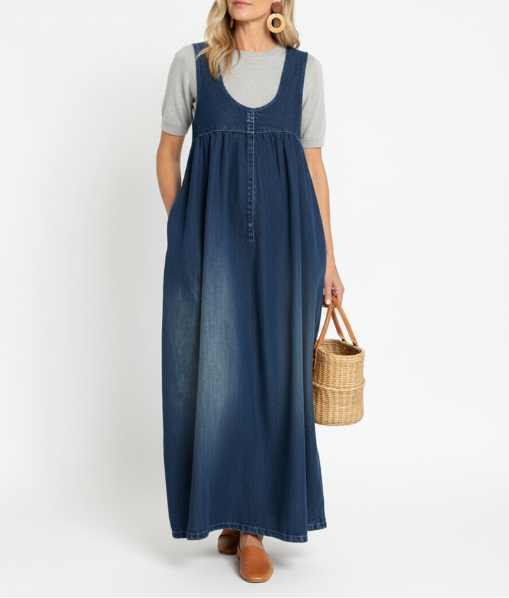 Ivy | Vintage Washed Soft Cotton Feel Denim Maxi Dress