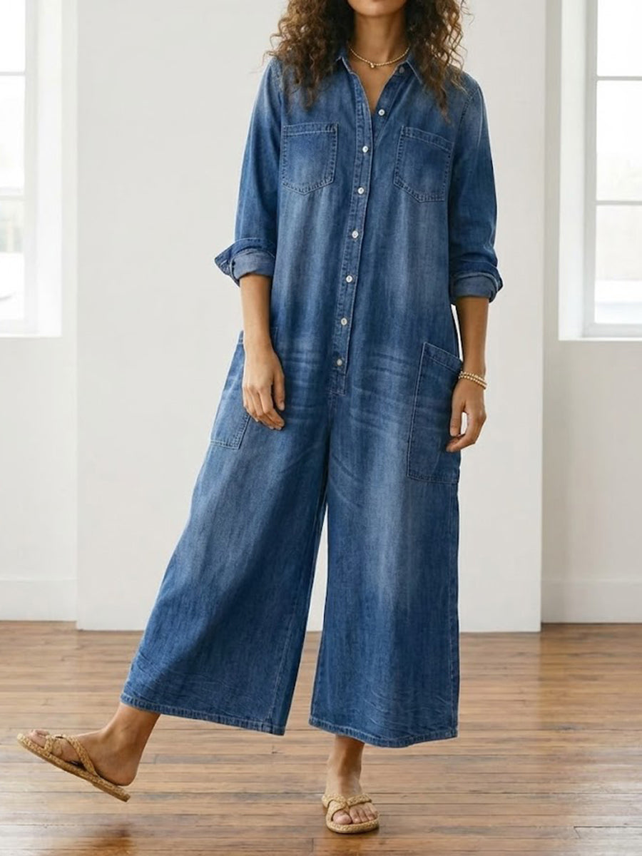 Mae | Vintage Washed Soft Cotton Denim Jumpsuit with Button Closure