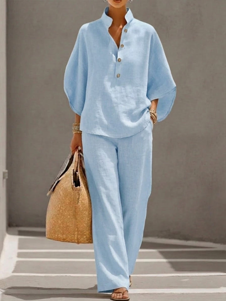 Mariel | Complete linen set with batwing sleeves and wide pants
