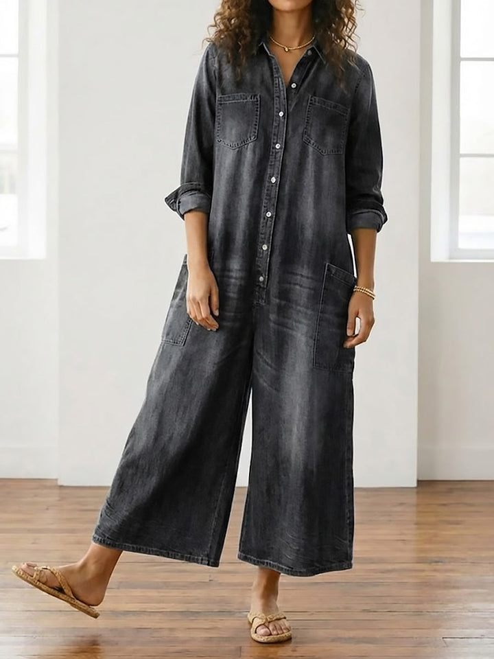 Mae | Vintage Washed Soft Cotton Denim Jumpsuit with Button Closure