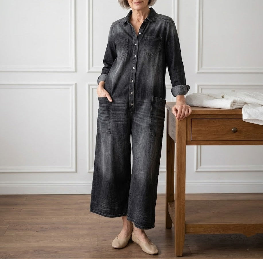 Mae | Vintage Washed Soft Cotton Denim Jumpsuit with Button Closure