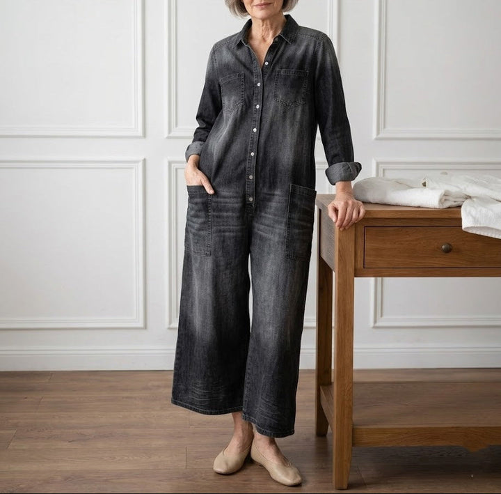 Mae | Vintage Washed Soft Cotton Denim Jumpsuit with Button Closure