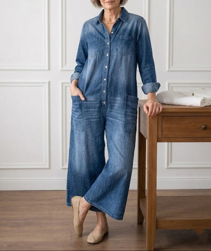 Mae | Vintage Washed Soft Cotton Denim Jumpsuit with Button Closure